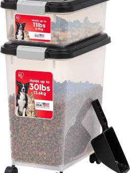 IRIS USA Dog Food Storage Container, 30 lbs & 11 lbs Combo, Cat Food Storage Container, Dog Treat Container, Airtight, Stackable, 2-Cup Scoop, Wheels, Easy Mobility, Black